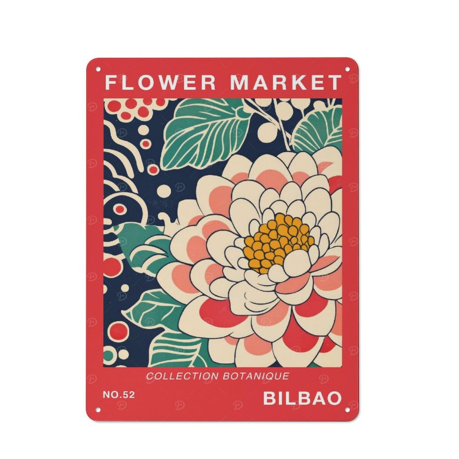 Junmoney Style-20 Tin Wall Plaque 40X30cm With Flower Market Bilbao Botanical Travel Poster For Hallway Wall, Suited To Wall Displays In Hallways And Entrance Areas