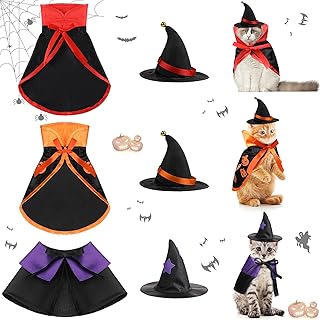 6 Pieces Halloween Cat Costume Includes Purple Witch Cloak Wizard Hat, Orange Pumpkin Cat Wizard Costume Cloak and Hat, Black and Red Pet Cape Vampire Costume Cloak Witch Hat for Cats Kittens Cosplay