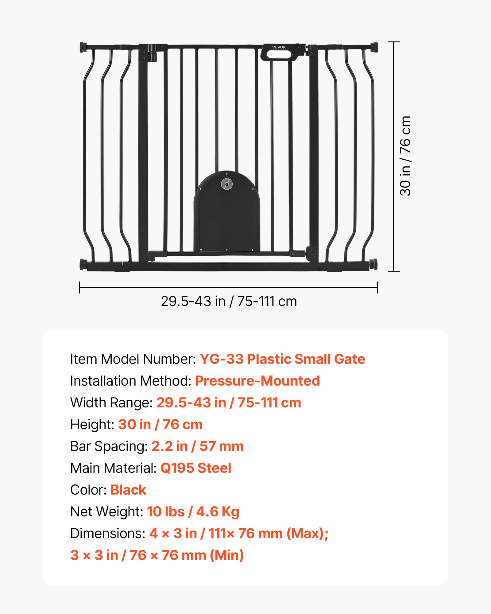 VEVOR Barrera de Seguridad para Niños, 76 cm x 75-111 cm, Valla de Seguridad Infantil con Puerta Ajustable para Gatos, Bloque Doble y Apertura en Dos Sentidos, para Escaleras Hogar, Color Negro