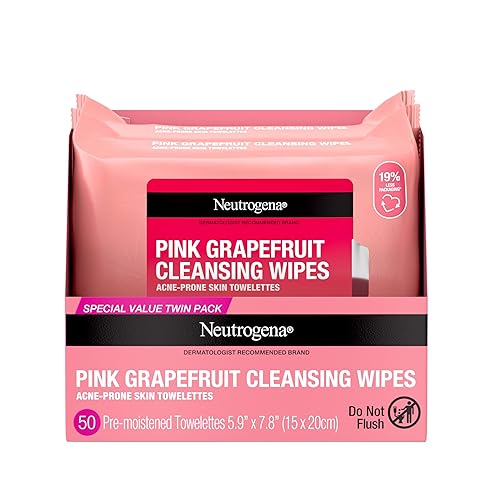 Neutrogena Toallitas de maquillaje de limpieza facial sin aceite con pomelo rosa, toallas faciales desechables para el acné para eliminar la