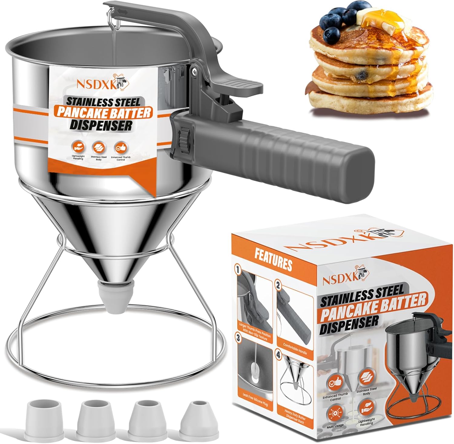 40oz Pancake Batter Dispenser, Stainless Steel Cake Dispenser with Stand, Great for Pancakes, Cupcake, Waffle or Any Baked Goods, Durable, Leak-Free, Space Gray