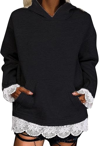 wjiNFDFG Solid Hoodie Women's CasualSsolid Color Lace Edge Hooded Sweater Women's Sweater Pullover