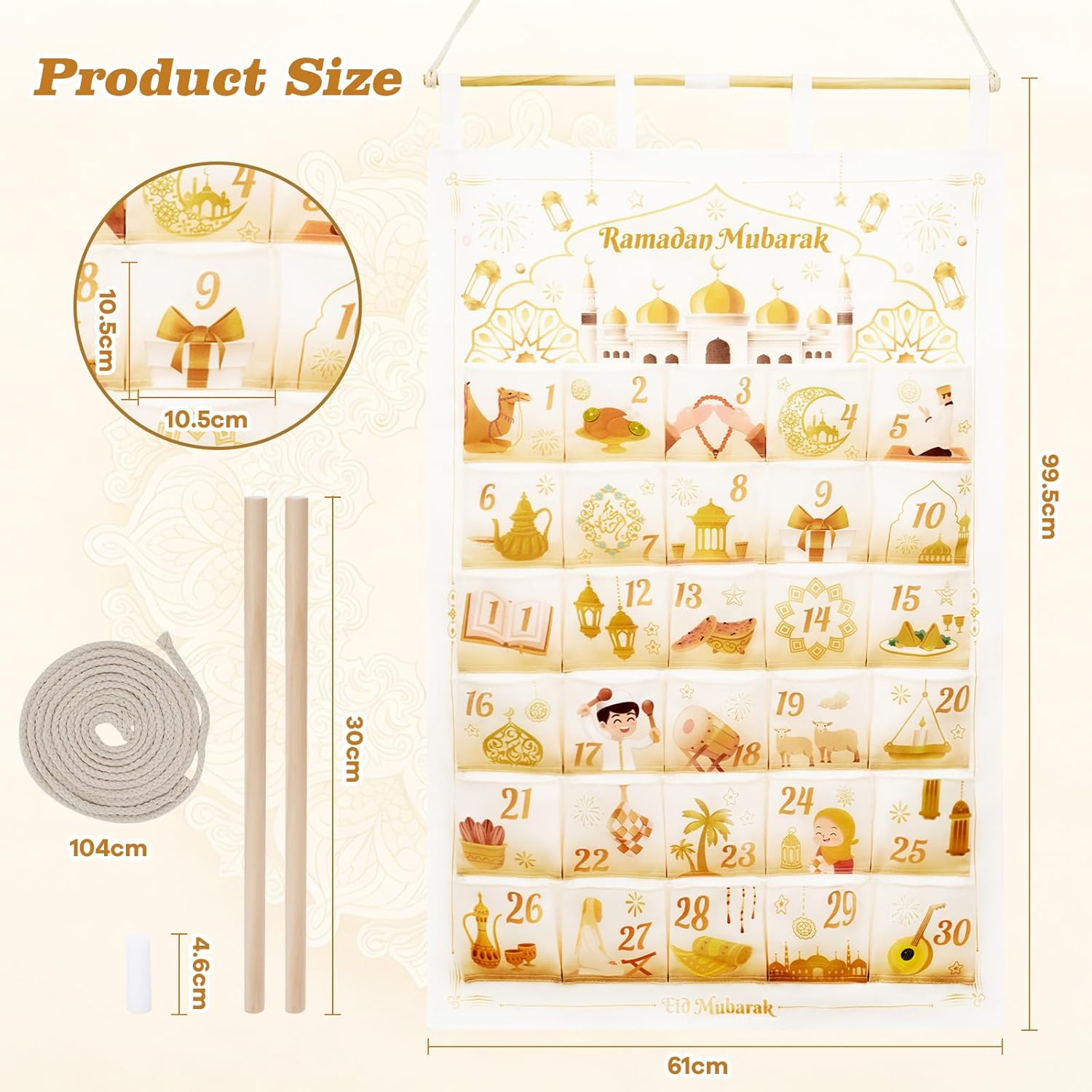 AhfuLife Ramadan Advent Calendar Decorations for Filling, Reusable Fabric Hanging 2026 Ramadan Mubarak Countdown Calendar with 30 Pockets for Eid Mubarak Party Ramadan Gift Home Wall Door