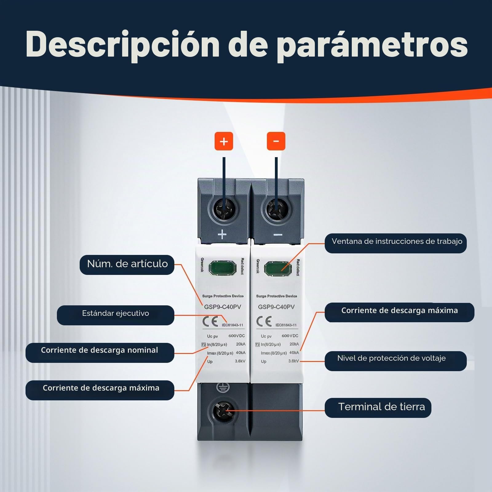Descargador de sobretensión 2P 40KA 600VDC para corriente continua, dispositivo de protección contra sobretensiones y rayos, adecuado para fotovoltaicos y circuitos domésticos de baja tensión
