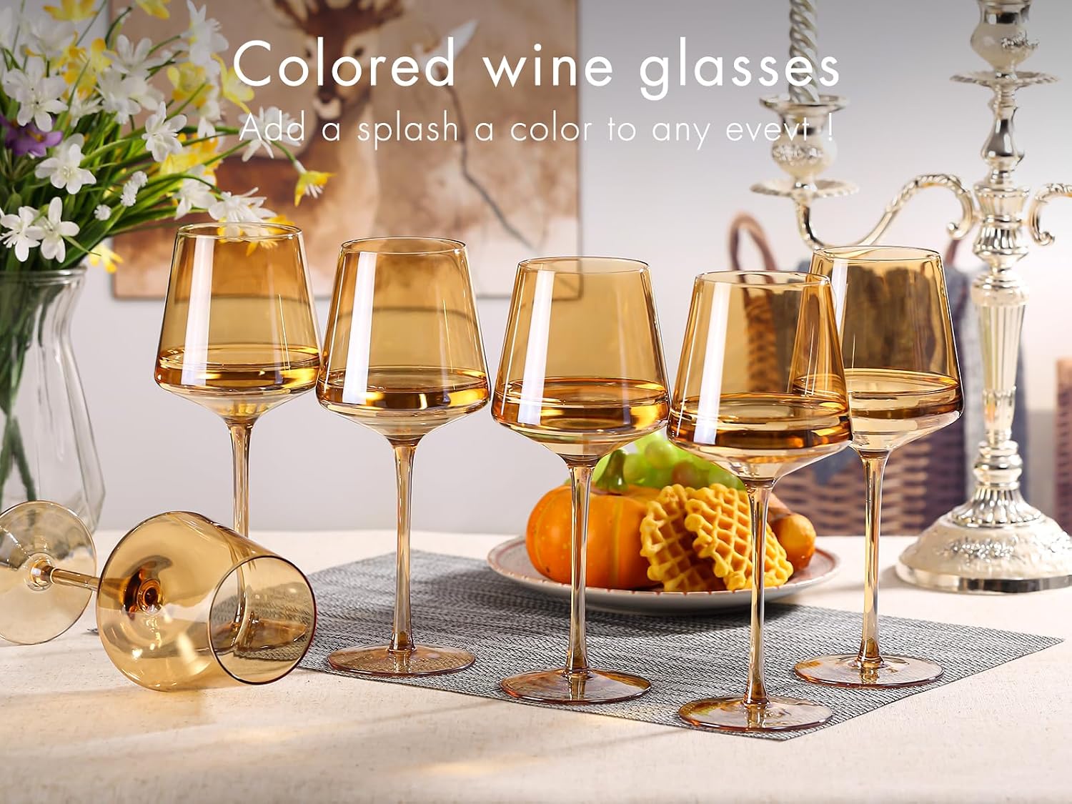 comfit Amber Wine Glasses Set Of 6 - Crystal Colorful Wine Glasses With Long Stem and Thin Rim,Modern Colored Wine Stemware for Wedding,Birthday,Anniversary 18oz(Amber)