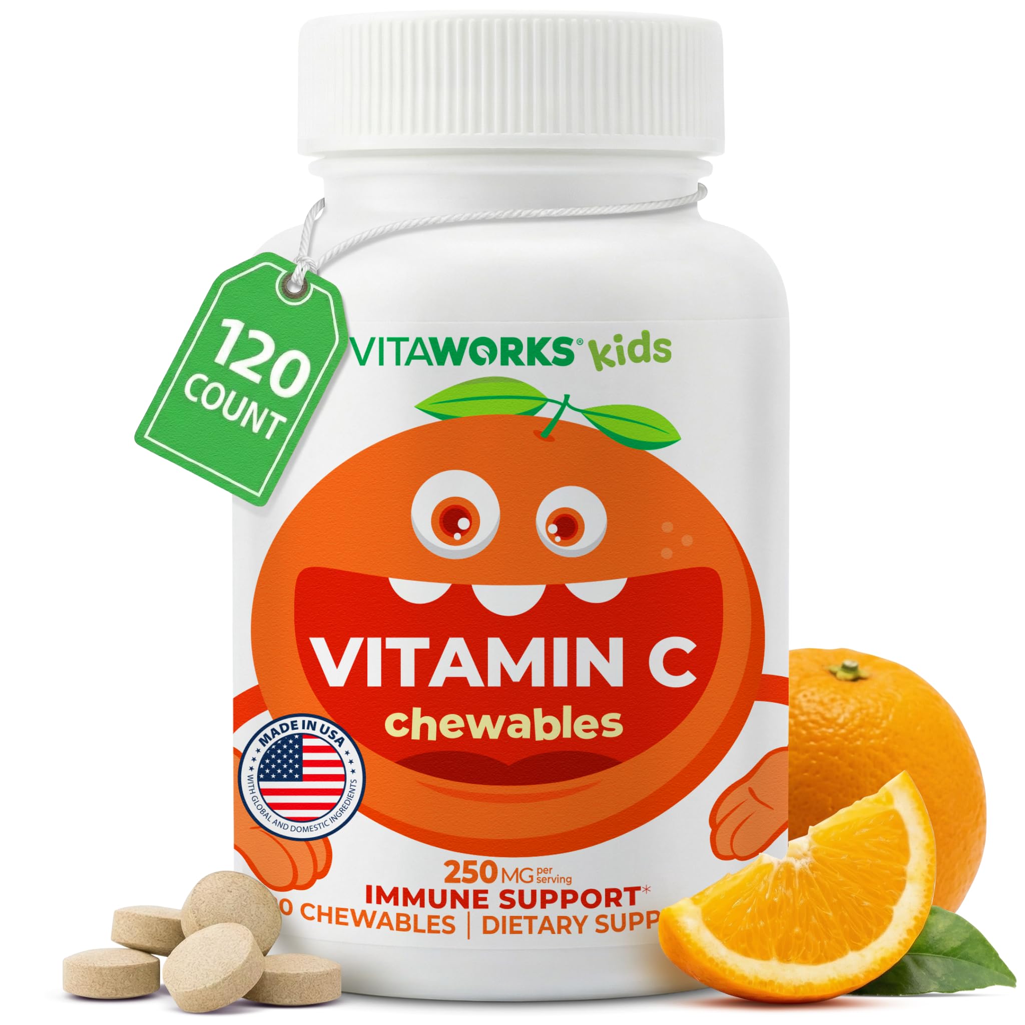VitaWorks Kids Vitamin C Chewable Tablets 250 mg, Vegan, Orange, 120 Count
