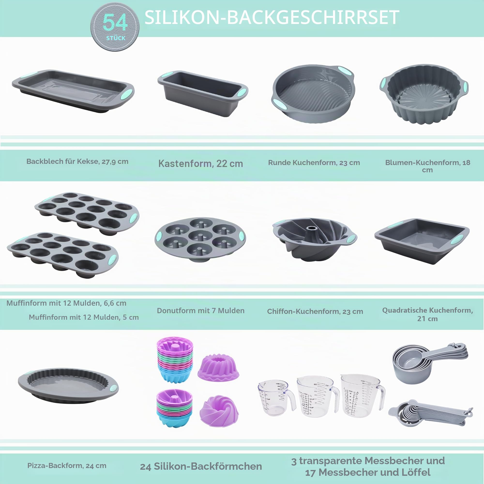 Tongjude 54 Stück Silikon-Backformen Set, 10 Silikon-Kuchenformen, Brotbackform und Muffinformen, Antihaft-Backform, mit Messbecher und Löffel Set, grau