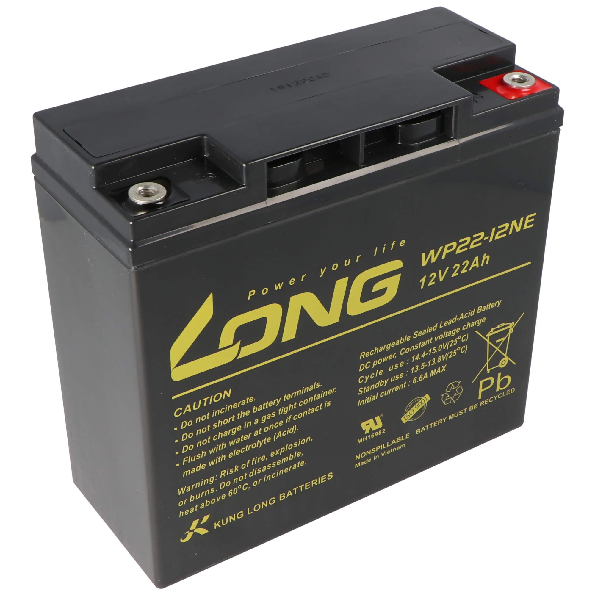 Batería compatible con sistemas de alarma de 12 V, 22 Ah, 181 x 76 x 167 mm, rosca interior M6
