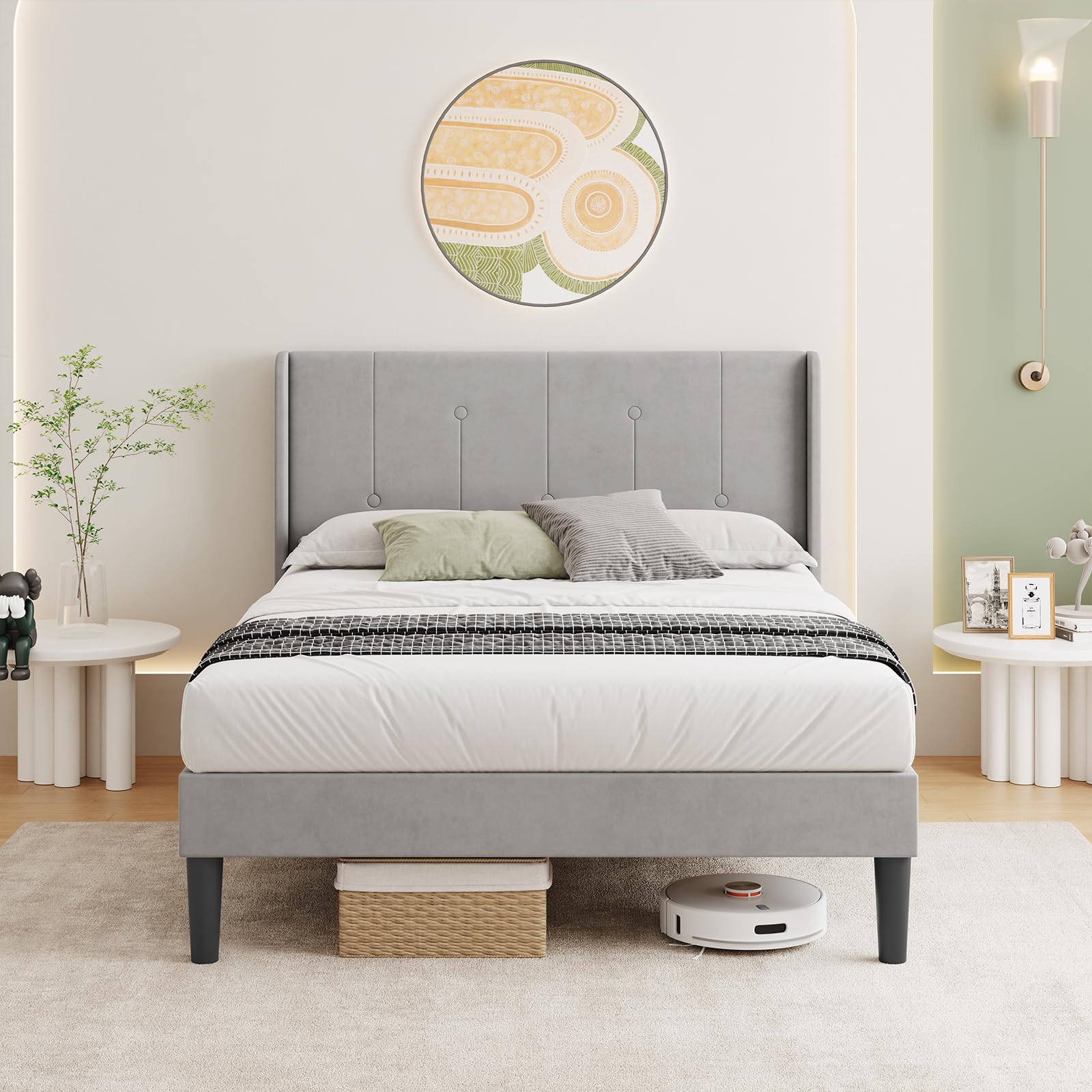 Vesgantti Velvet Double Bed Frame with Adjustable Wing Edge Headboard, Solid Wooden Slats & Upholstered Platform, Easy Assembly, Noise-Free, 4FT6 Double Bed, 135 x 190 cm, Light Grey