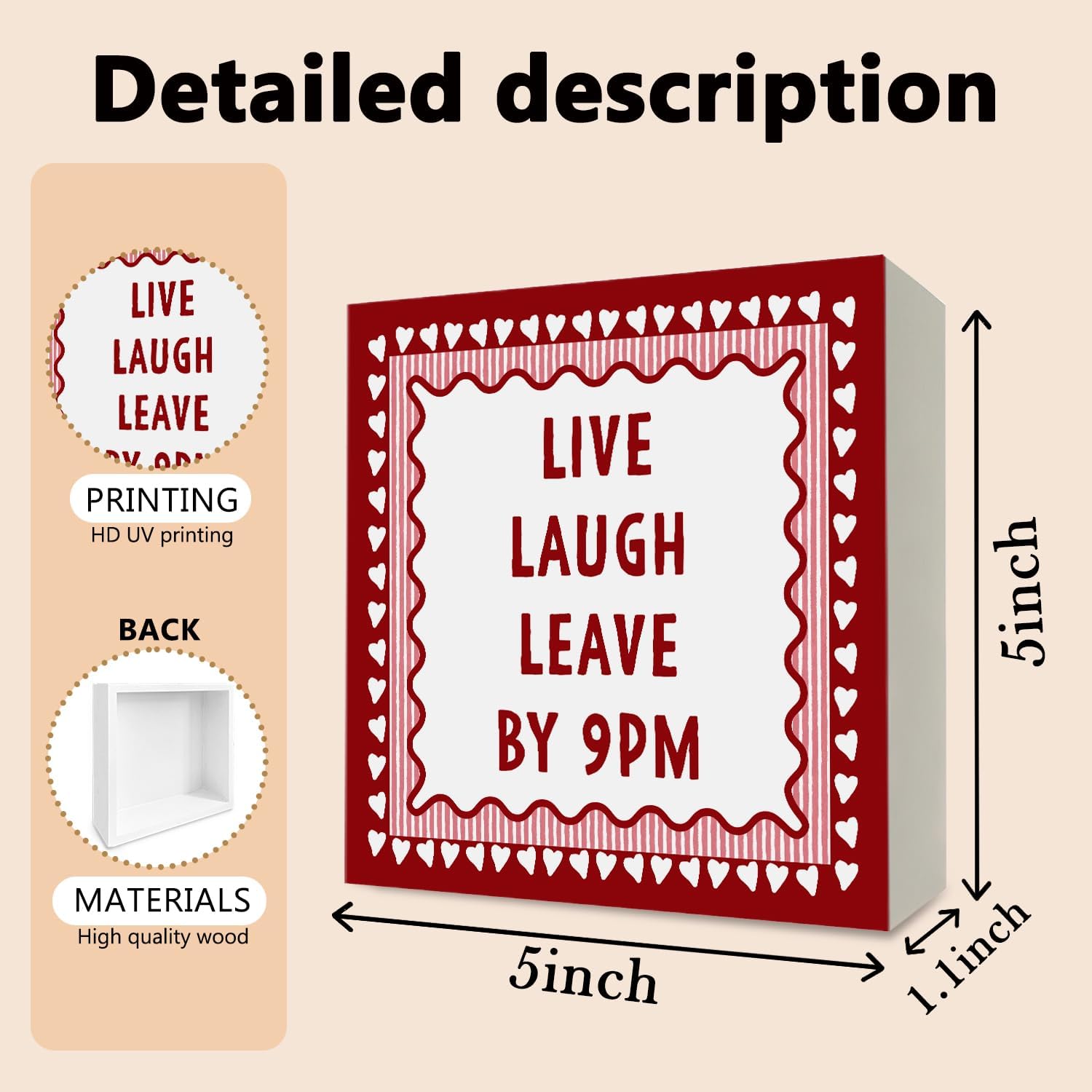 Retro Trendy Red Pink Wooden Box Sign Desk Decor,5x5 Inch image 2