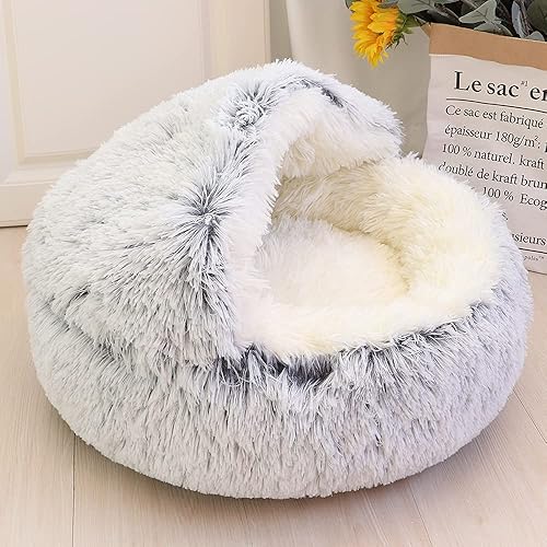 Miniatura 1 de Cama para gatos redonda y esponjosa con capucha para gatos, con funda de felpa no plegada, cama calmante para gatos de interior, camas relajantes