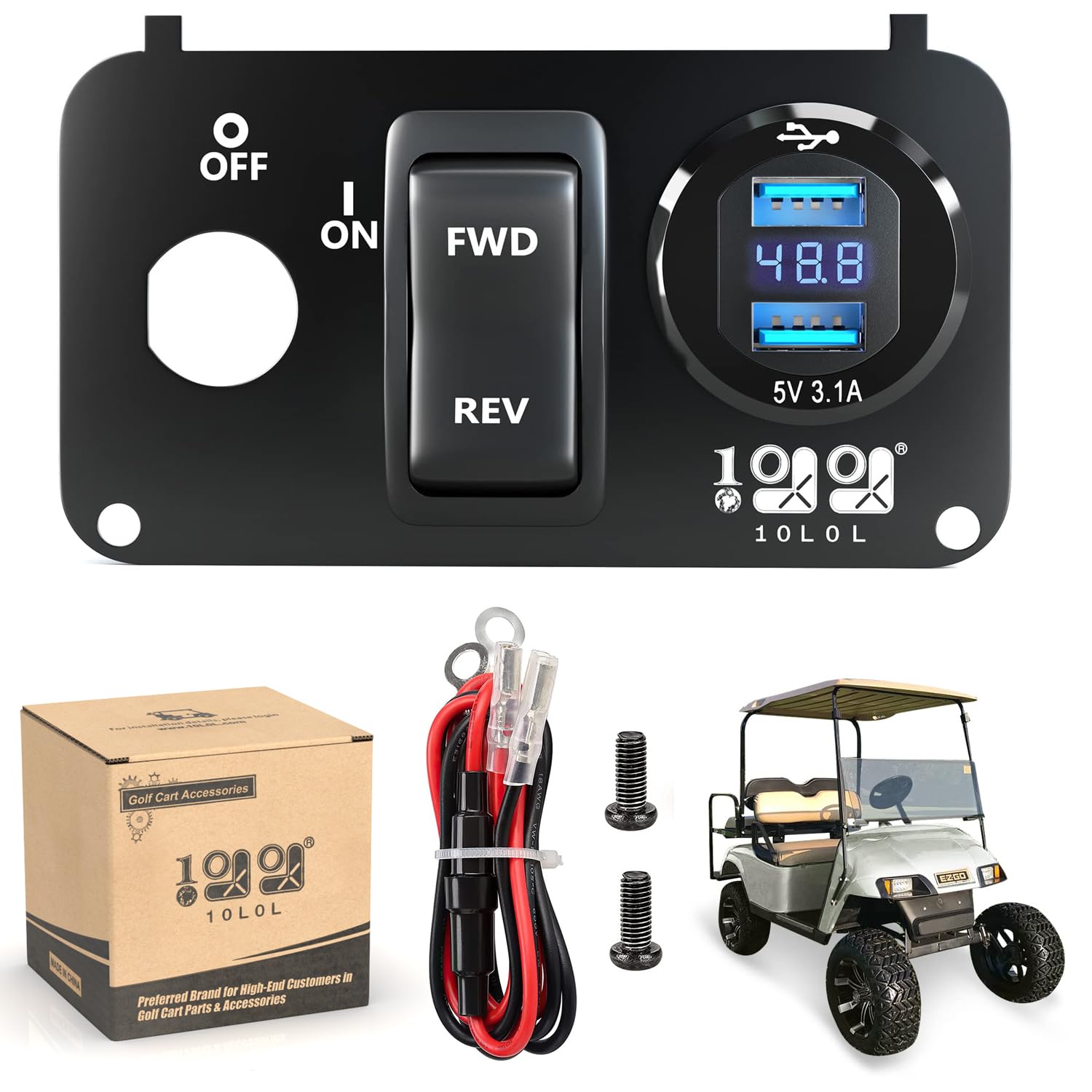 10L0L Golf Cart EZGO Key Switch Console Panel,Include DC 9V-48V Input 3.1A Fast Charge Dual USB Charger Sockets & Digital Voltmeter & Forward Reverse Switch for EZGO TXT & Medalist PDS
