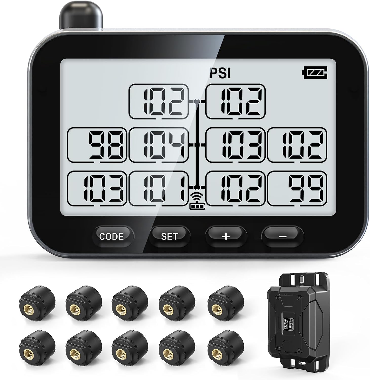 GUTA Trailer Tire Pressure Monitoring System, RV TPMS with 10 Sensors, 6 Alert Modes, Signal Booster, Power Saving Display, Long Sensing Distance, for 3 Trailers (T1/T2/T3), for Camper, Motor Homes