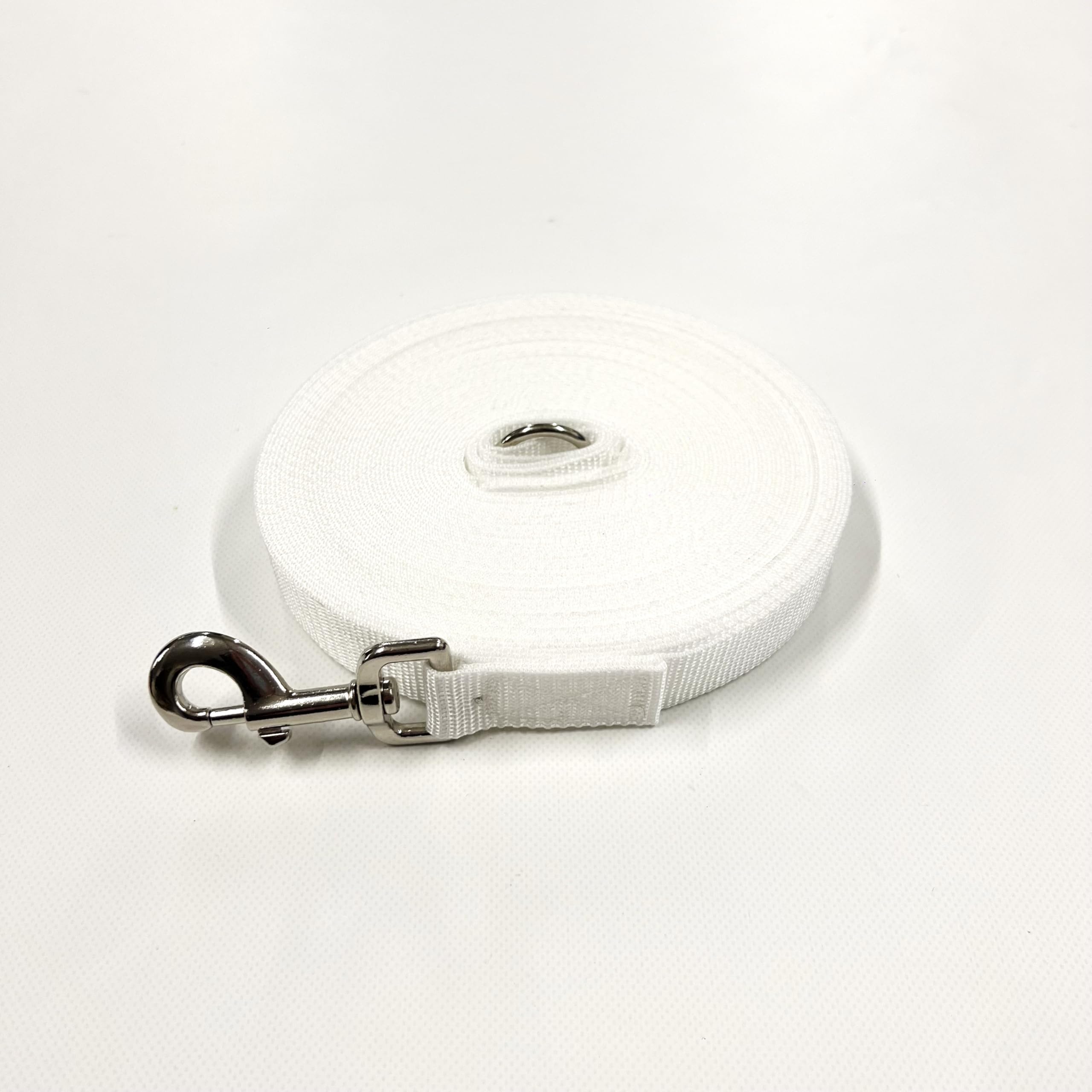 Dog Training Lead 5ft-100ft Long Line Obedience Recall Horse Tracking Leash Small Medium Large 25mm Webbing (White, 20ft/6m)