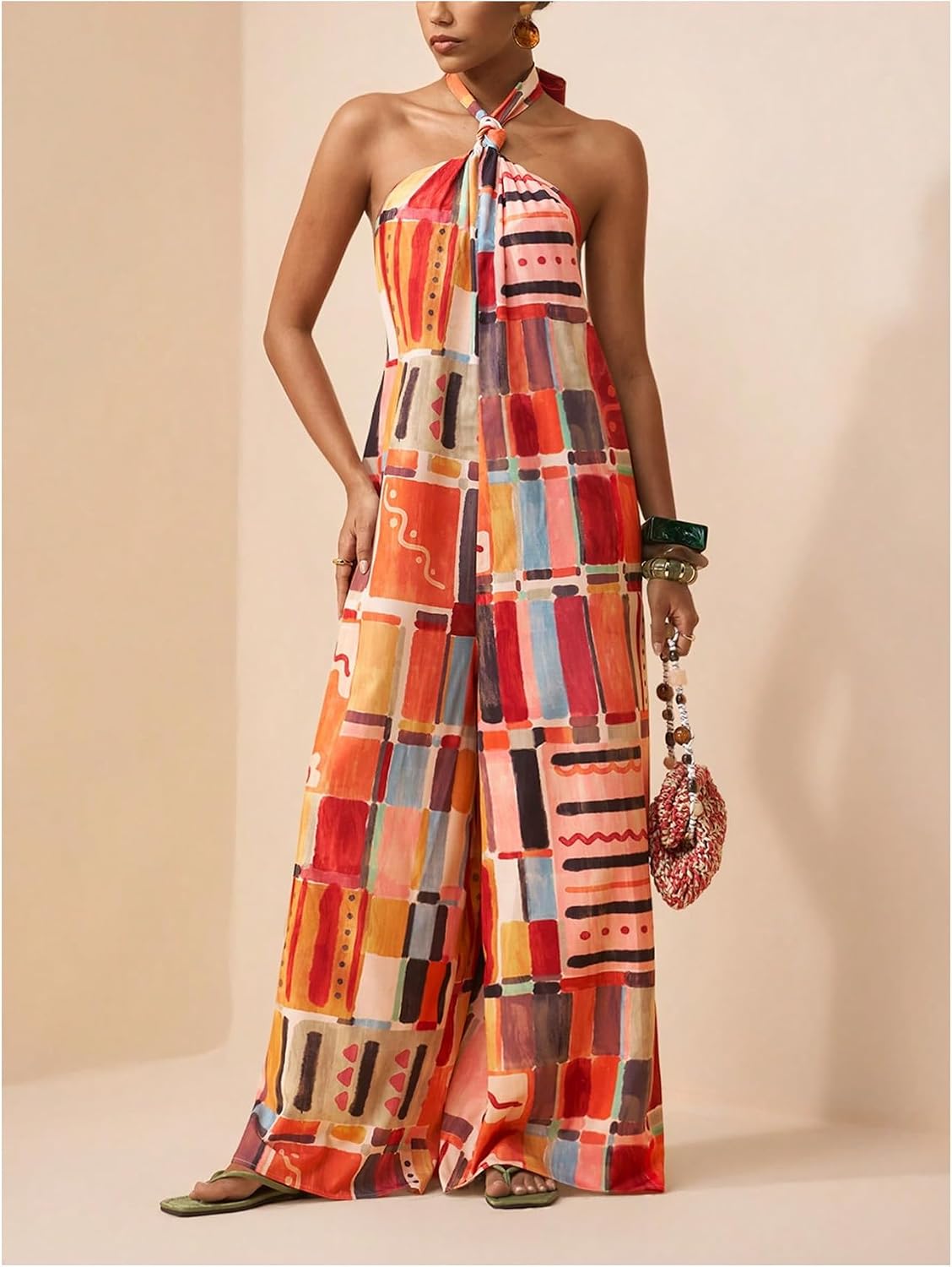 OYOANGLE Women's Sleeveless Halter Jumpsuits Colorful Printed Backless Wide Leg Jumpsuits Boho Loose Overalls