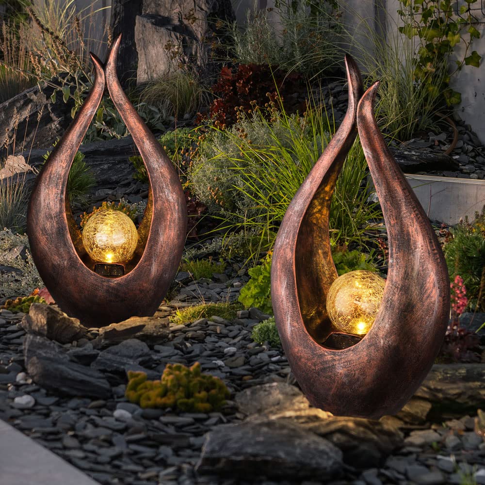 2er Set LED Außen Solar Steh Leuchten Glas Kugel Hof Strahler Bronze geschwungen