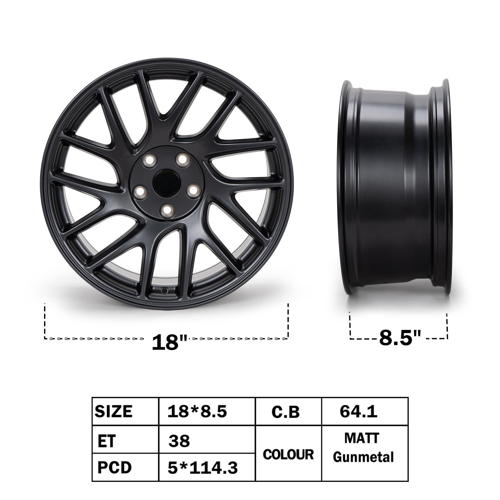 Felgi 18", 18 x 8,5" ET38 mm, 5 x 114,3, otwór Hub 64,1 mm, felgi samochodowe kompatybilne z Tesla Model 3 (2024-2025)