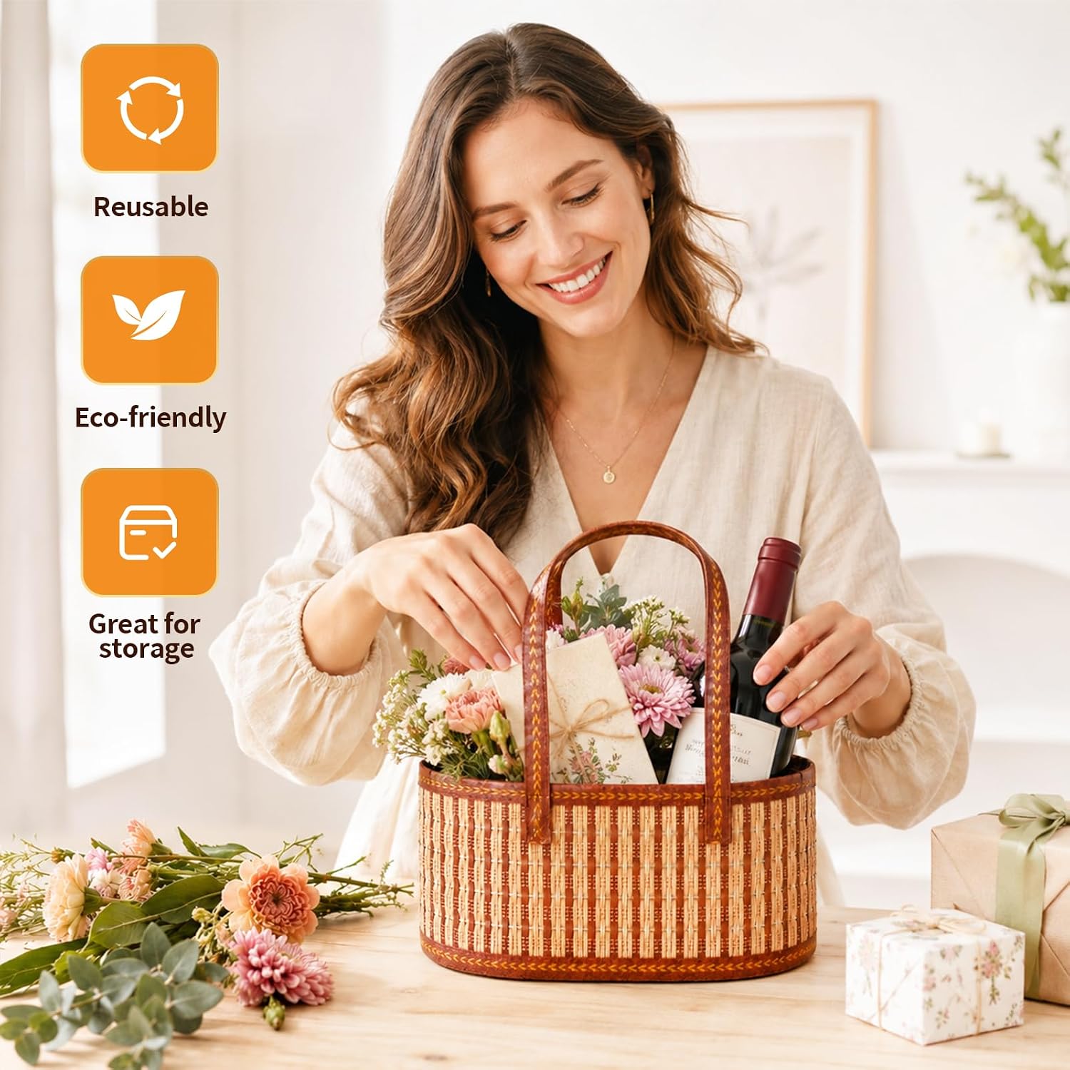 3 Pcs Gift Basket Bulk, Large Bamboo Woven Baskets for Gifts Empty Bulk with Handles, Reusable DIY Gift Basket Kit with Wrap Bags, Pull Bows and Cards for Christmas, Birthday, Registry Gifts