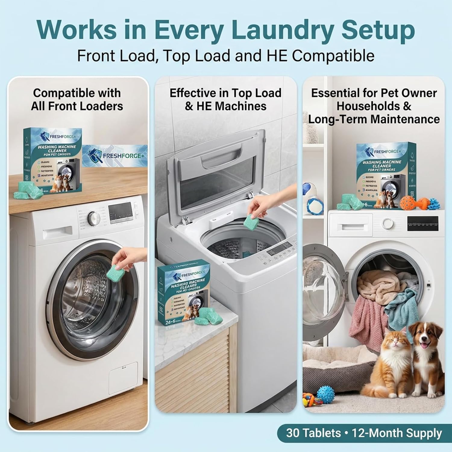 Washing Machine Cleaner Tablets for Pet Owners (30 Count, 12-Month Supply) - Deep Internal Cleaning & Fresh Formula - Clears Pet Hair, Detergent Buildup for Front & Top Load Washers (30)