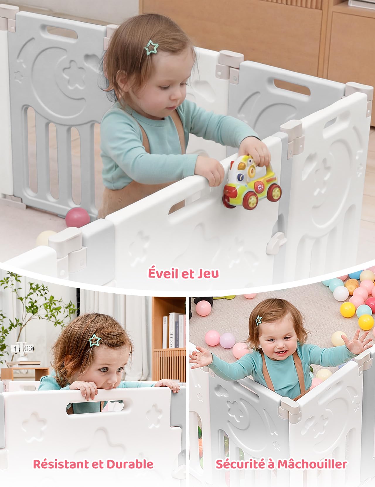 Dripex Parc bebe modulable plastique, panneau pour parc bebe modulable, 2 panneaux, Gris et blanc