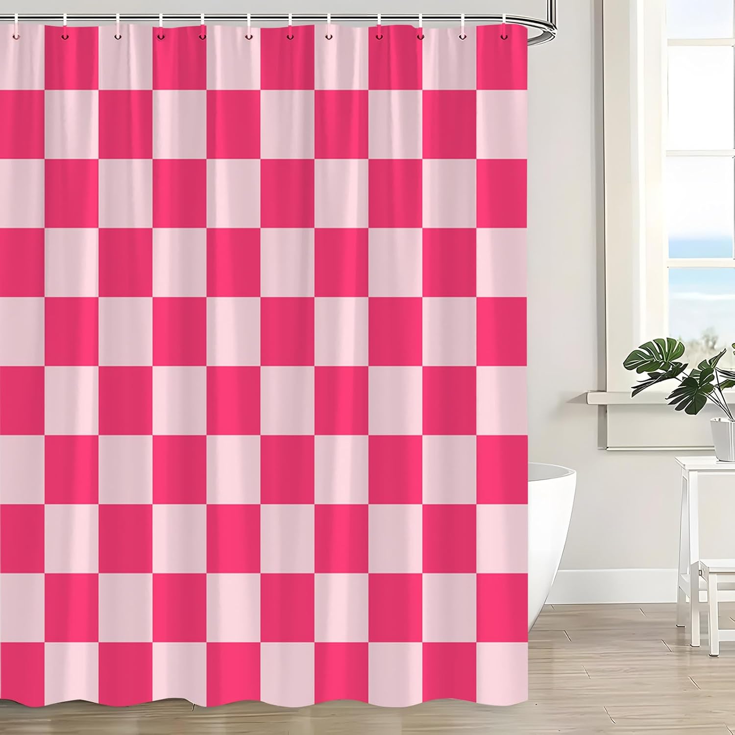 Retro Checkerboard Shower Curtain Hot Pink Checkered Boho Modern Cute Aesthetic Plaid Chic Geometric Minimalist Simple Vintage Bathroom Curtain with Hooks