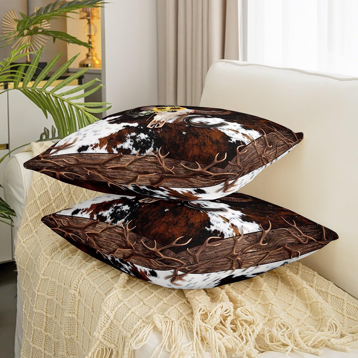 1 Fodera Per Cuscino In Stile Country *Mucca* Beige/Marrone A Quadri