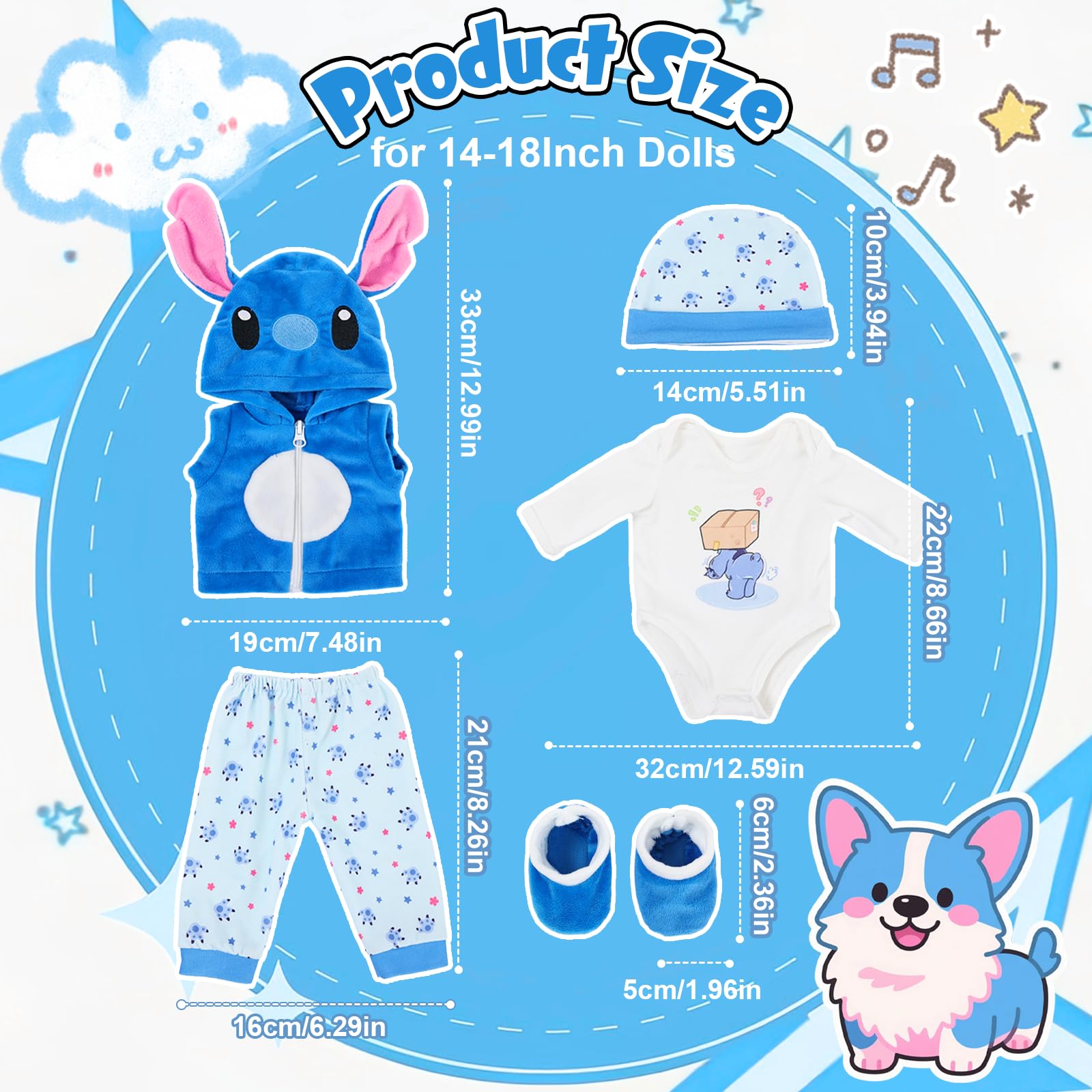 5 Pcs Baby Doll Clothes for 14-17 Inch Dolls, Baby Doll Outfits mit Doll Jacket Top Trousers Hat & Socks - Image 2