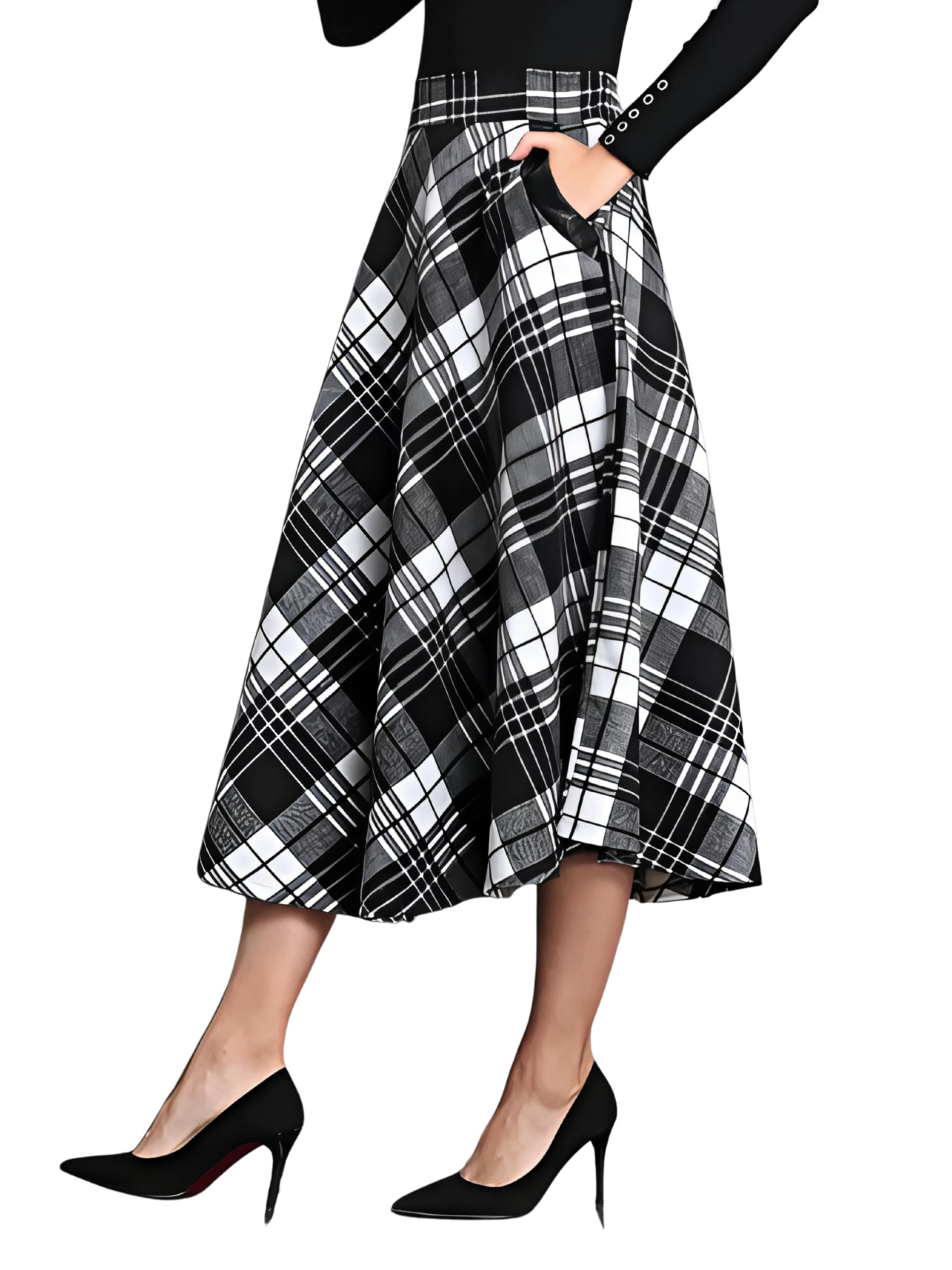 Flared Midi Skirt for Women | Black Maroon Blue Check Design | Comfortable Cotton Fabric-image-41