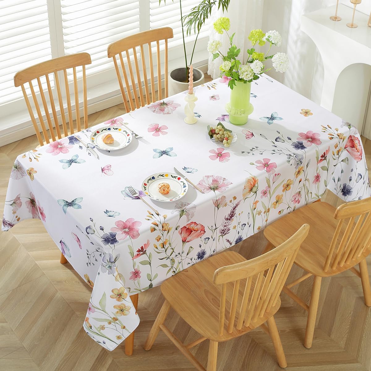 SASTYBALE Spring Summer Tablecloth Rectangle 60 x 140 Inch Oil Proof Wrinkle Free Floral Butterfly Watercolor Table Cloth, Non Slip Polyester Table Cover for Dining, Party, Indoor, Outdoor, Pink