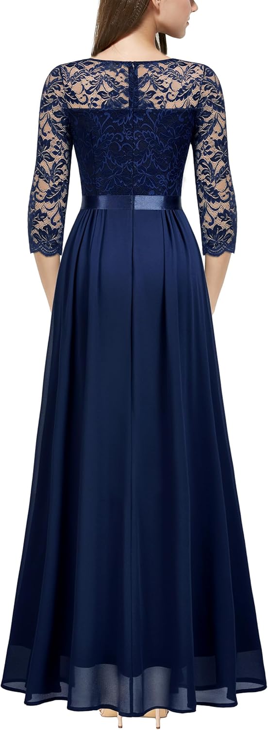 Miusol Women's Vintage Flora Lace Contrast Chiffon 3/4 Sleeve Bridesmaid Formal Maxi Dress (Small, Navy Blue) - Image 2