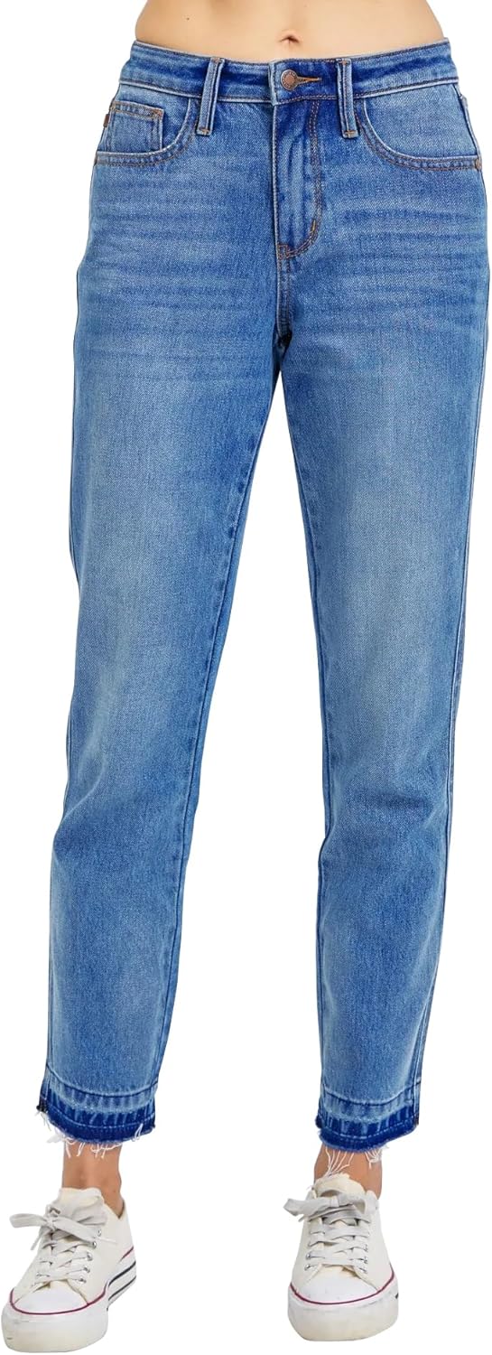Judy Blue Women's Mid Rise Rigid Magic Release Hem Boyfriend Jeans