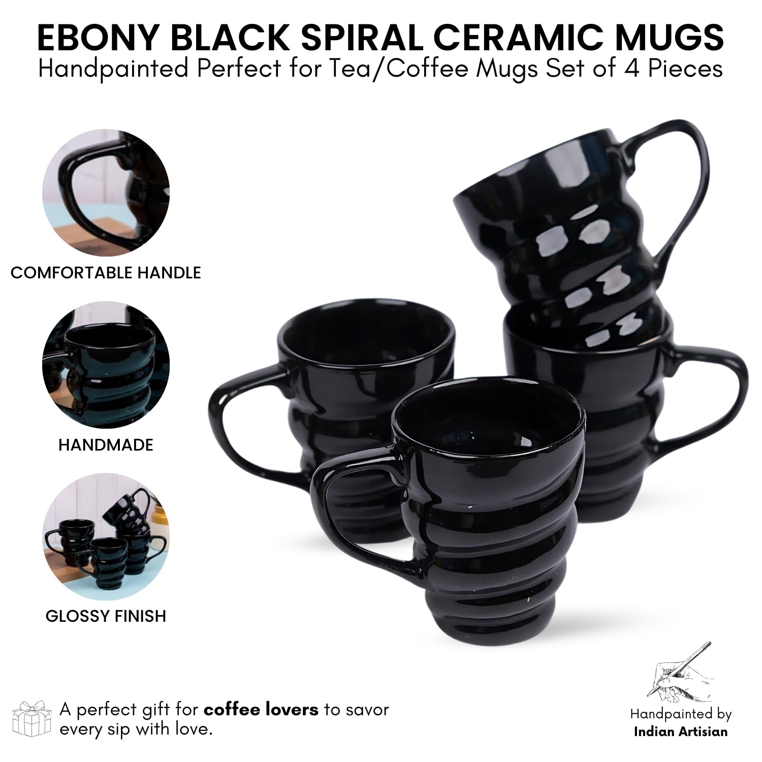 VarEesha Ebony Black Spiral Ceramic Ceramic Tea/Coffee Mugs 4 Pcs, 200Ml | Microwave & Dishwasher Safe Tea/Coffee Mug | Gifting and Daily Use Coffee Cups Set 2