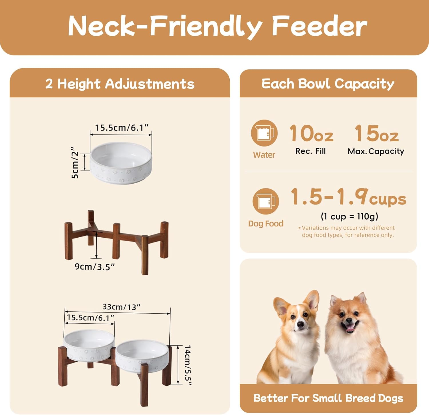 Havniva 6.1inch Ceramic Raised Double Bowls Set with Acacia Wood Stand, 2 Heights Elevated, Food & Water Bowls for Toy Breed Dogs, Kitty, Cats, Pet Bowl(13.5OZ, Arctic White)