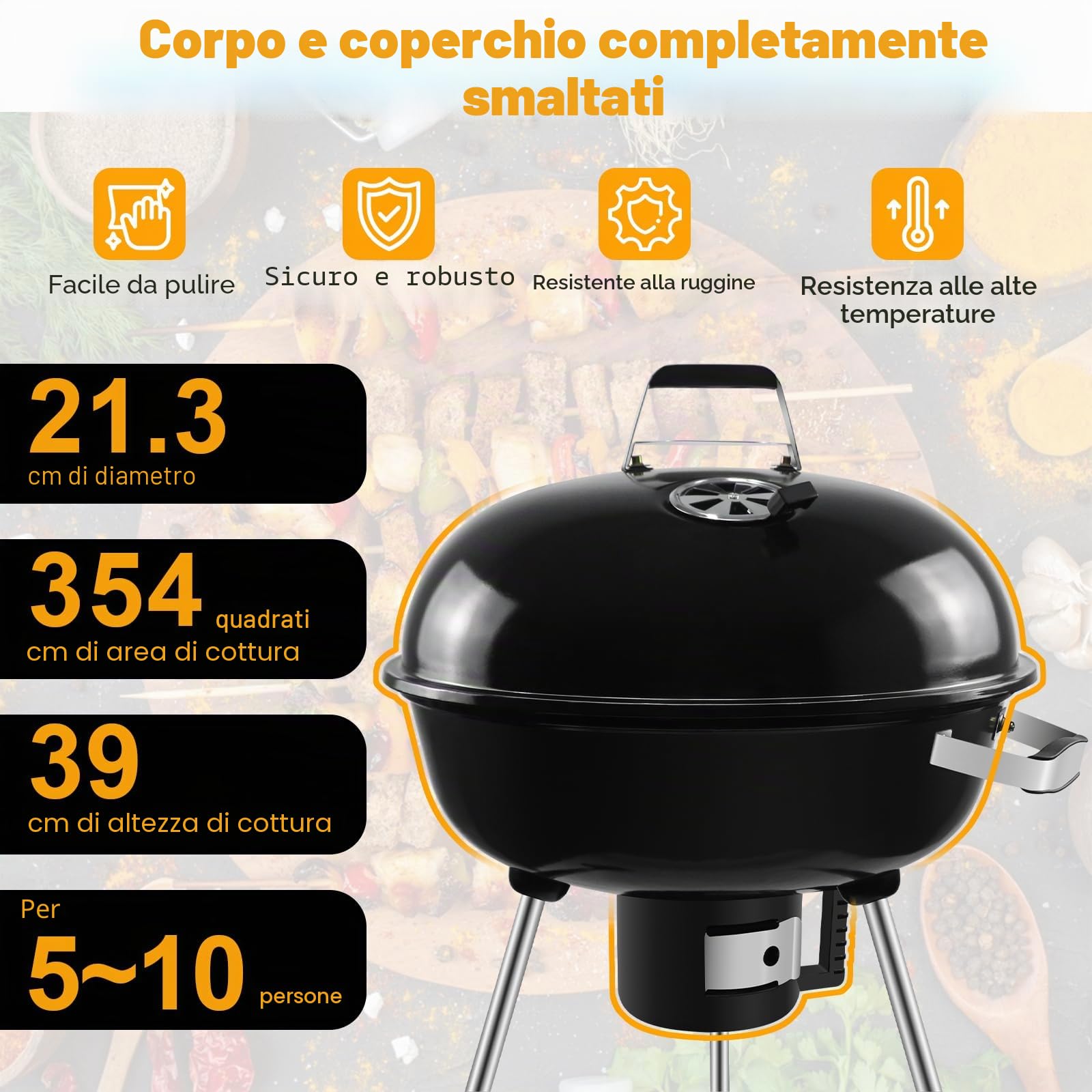 Barbecue a Carbone con coperchio e ruote Griglia BBQ carbonella per balcone da campeggio [L] | Diametro della griglia: 54 cm, carrello per barbecue a carbonella con ruote, adatto per il campeggio