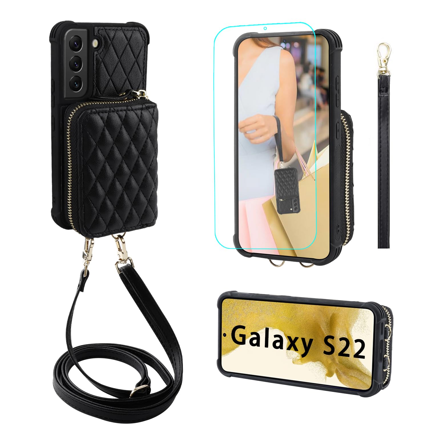 MONASAY Zipper Wallet Case Fit for Galaxy S22 5G 6.1in, [Screen Protector ][RFID Blocking] Flip Leather Handbag Phone Cover with Card Holder& Crossbody Shoulder Lanyard Strap, Black