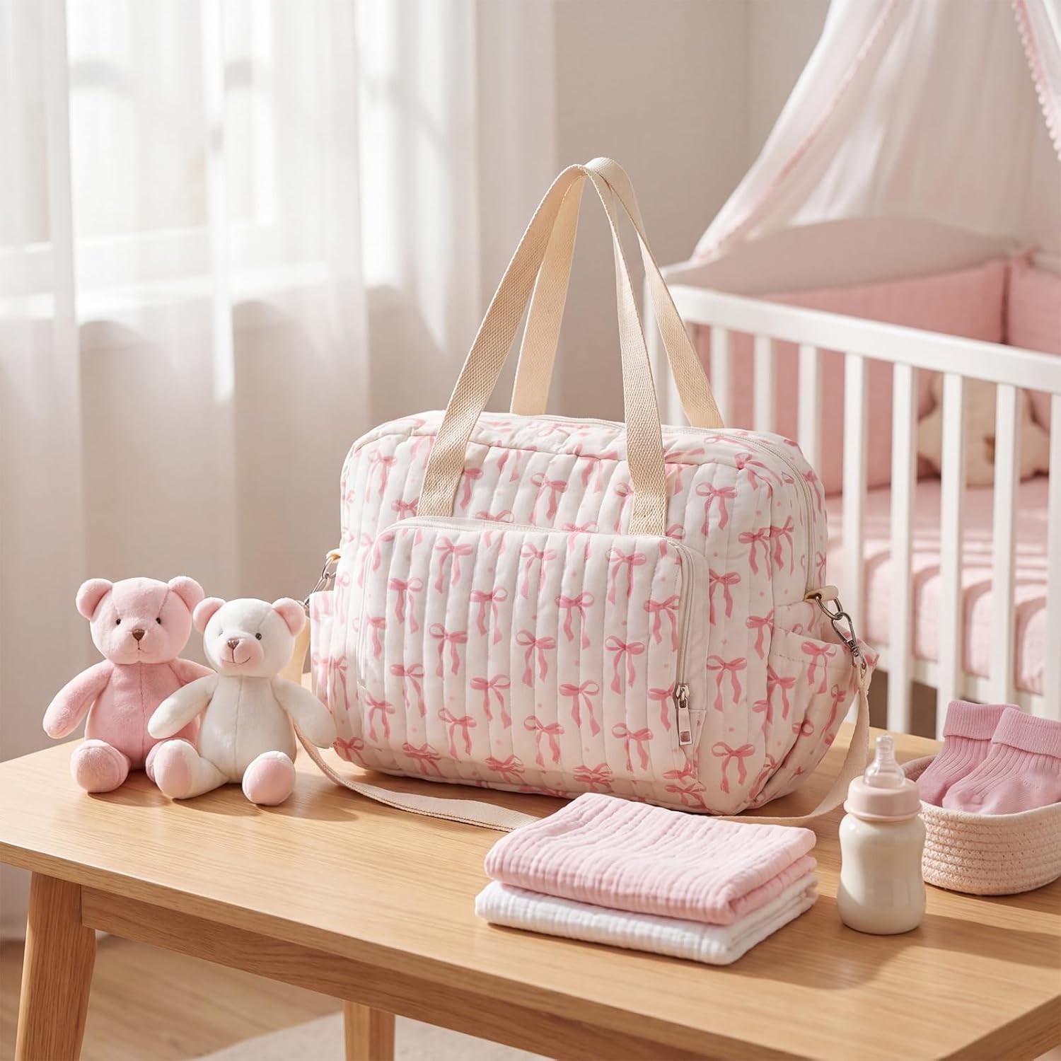 Tallew Small Diaper Bag Tote Pink Bow Quilted Crossbody Diaper Bag with Pockets Lightweight Nylon Travel Purse for Mom and Dad