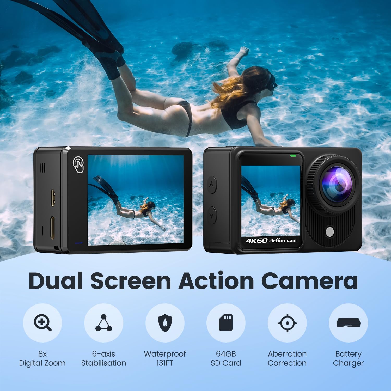 Touchscreen 4K60FPS Action Cam mit 64G Karte, 40M Unterwasserkamera 48MP HD WiFi Kamera mit EIS 8X Zoom Wasserdicht Actionkameras Weitwinkel Sportkamera mit 2 * 1350 mAh Akkus
