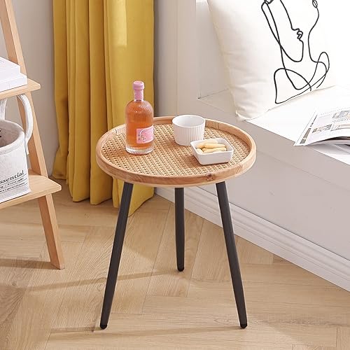 Miniatura 29 de Tiita Mesa auxiliar redonda mental, mesita de noche, mesas pequeñas de madera, mesa de centro con bandeja de madera para sala de estar, dormitorio,