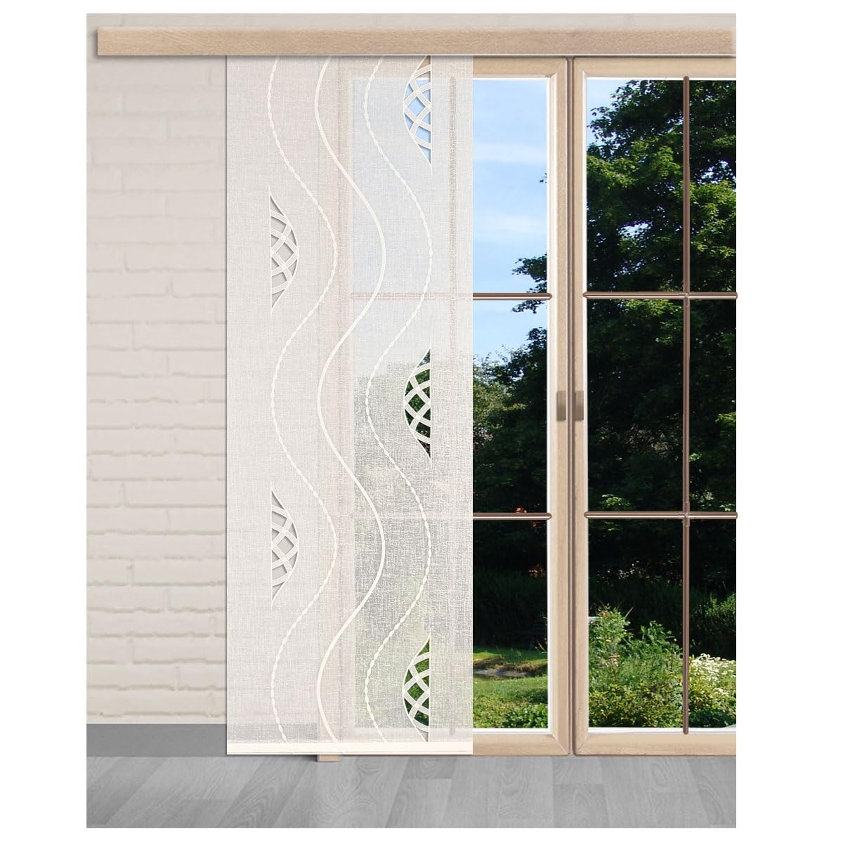 Flächengardine Eliana Vogtländische Spitze in ecrú | Schiebepaneele Wellen-Muster in natur | Zeitloser Flächenvorhang halbtransparent | Schiebegardine Käseleinenoptik Höhe x Breite 93 x 45 cm