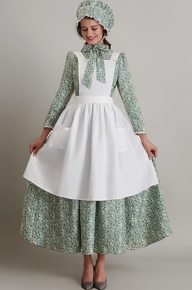 Womens American Pioneer Costume Dress Historical Modest Prairie Colonial Floral Dress