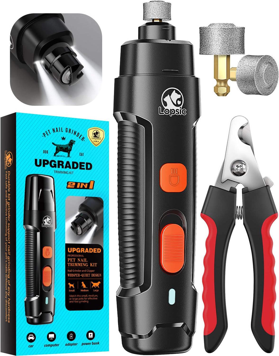 Dog Nail Grinder with 2 LED Lights, 2-Speed Powerful Rechargeable Dog Nail Trimmers and Clipper Kit Ultra Quiet Painless Dog Nail Clipper for Small Large Dogs Cats Claw Care,2 Grinding Wheels