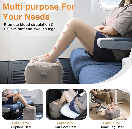 Miniatura 3 de Maliton Almohada inflable con reposapiés para viajes, cama de avión de altura ajustable para niños y adultos, reposapiés portátil 2 en 1 para avión,