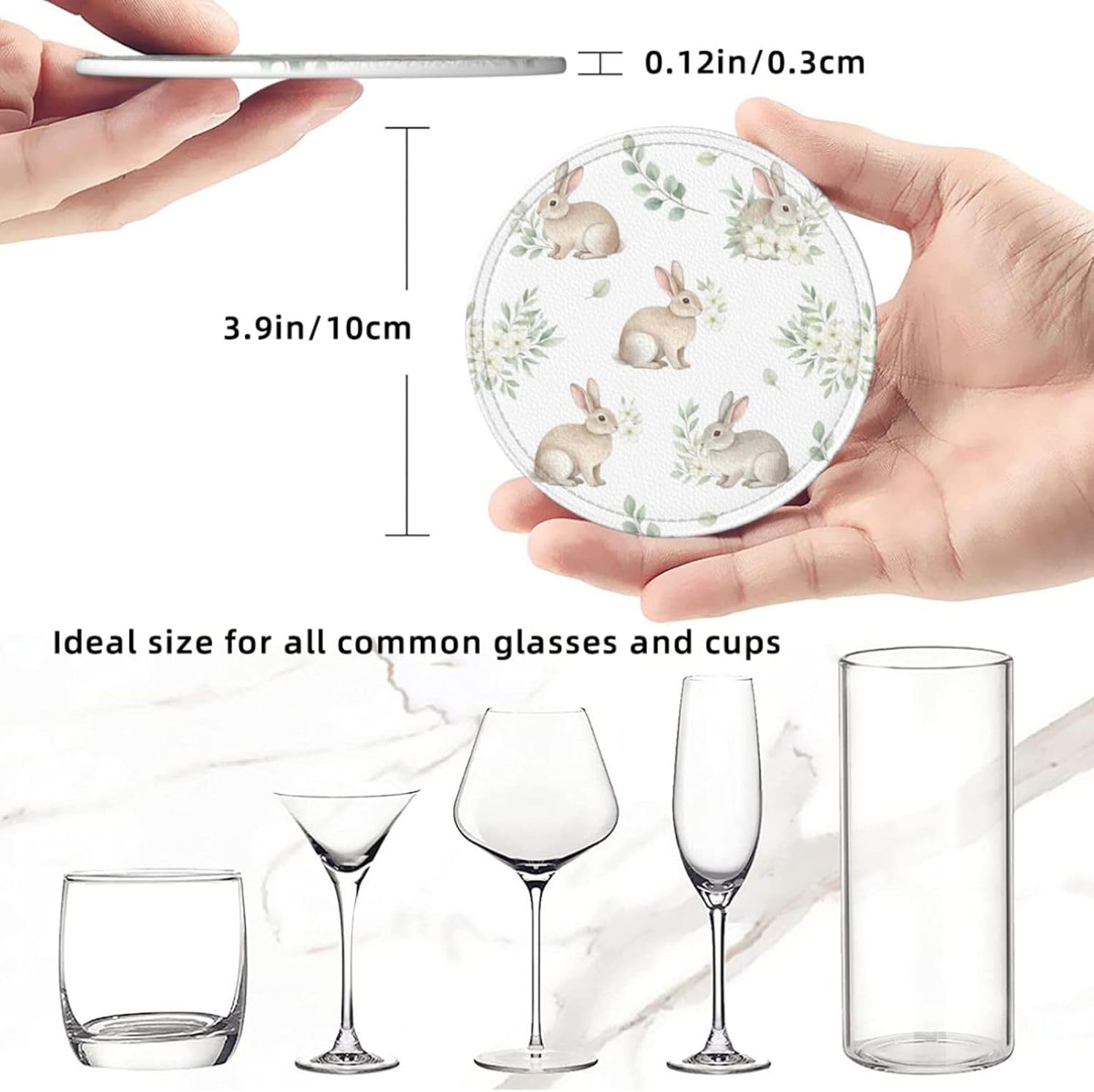 Easter Coasters for Drinks Set of 6 Rabbits Flowers Eucalyptus Leaves Spring Home Decor Round Leather Drinks Coaster with Holder Heat Resistant Cup Mat Pad for Party, Kitchen & Dining Table