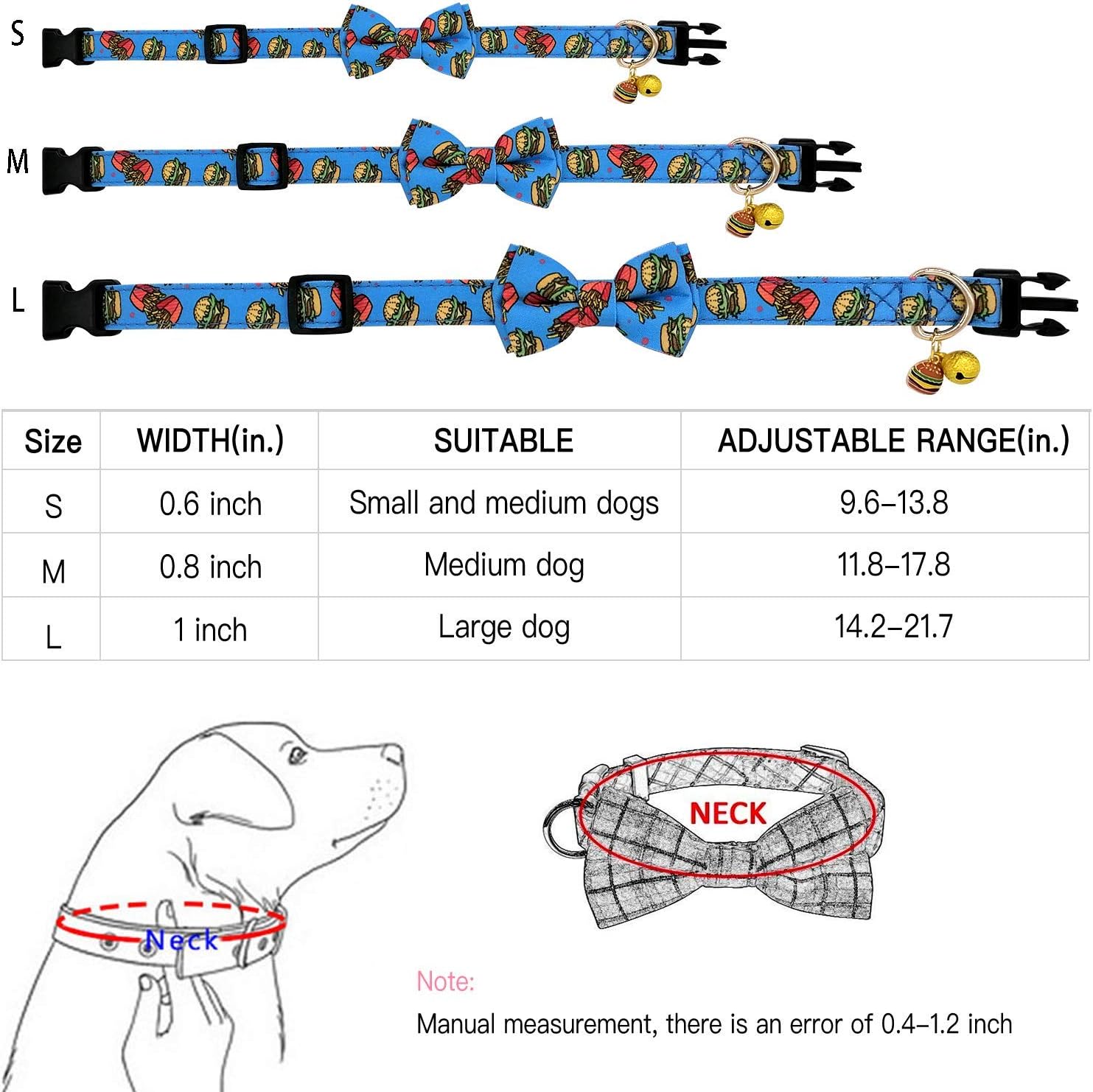 KUDES 2 Pack Print Dog Collars with Bow Tie, Adjustable Dog Collar with Bells and Charm Safety Buckle Cute Pet Collars for Small/Medium/Large Dogs and Cats Boys Girls (Hamburger+Sushi, L(14"-22"))