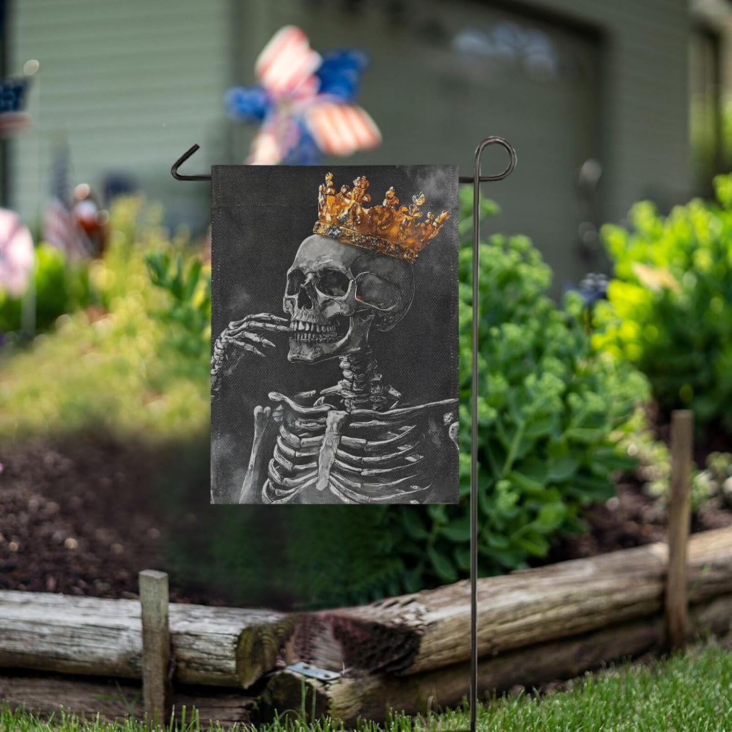 Gold Crown Skeleton Gothic Burlap Garden Flag, 28” x 40” Double Sided Garden Flags for Outside, House Yard Flags, Seasonal Outdoor Decorative Flag