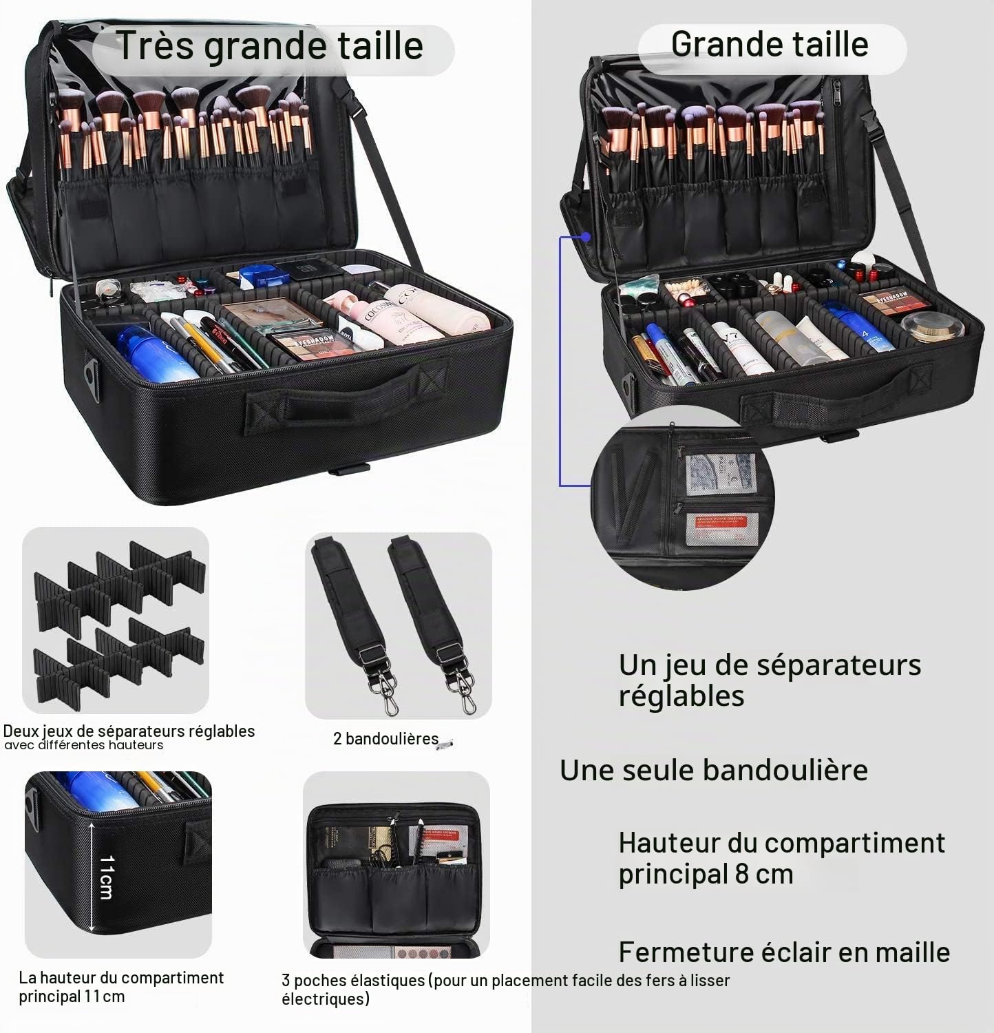 Relavel Trousse de Maquillage Extra Large - Sac de Voyage pour maquilleur Professionnel - Boîte de Rangement pour Ongles - avec séparateurs réglables - Fixation au Chariot, Noir, XL, Étui cosmétique