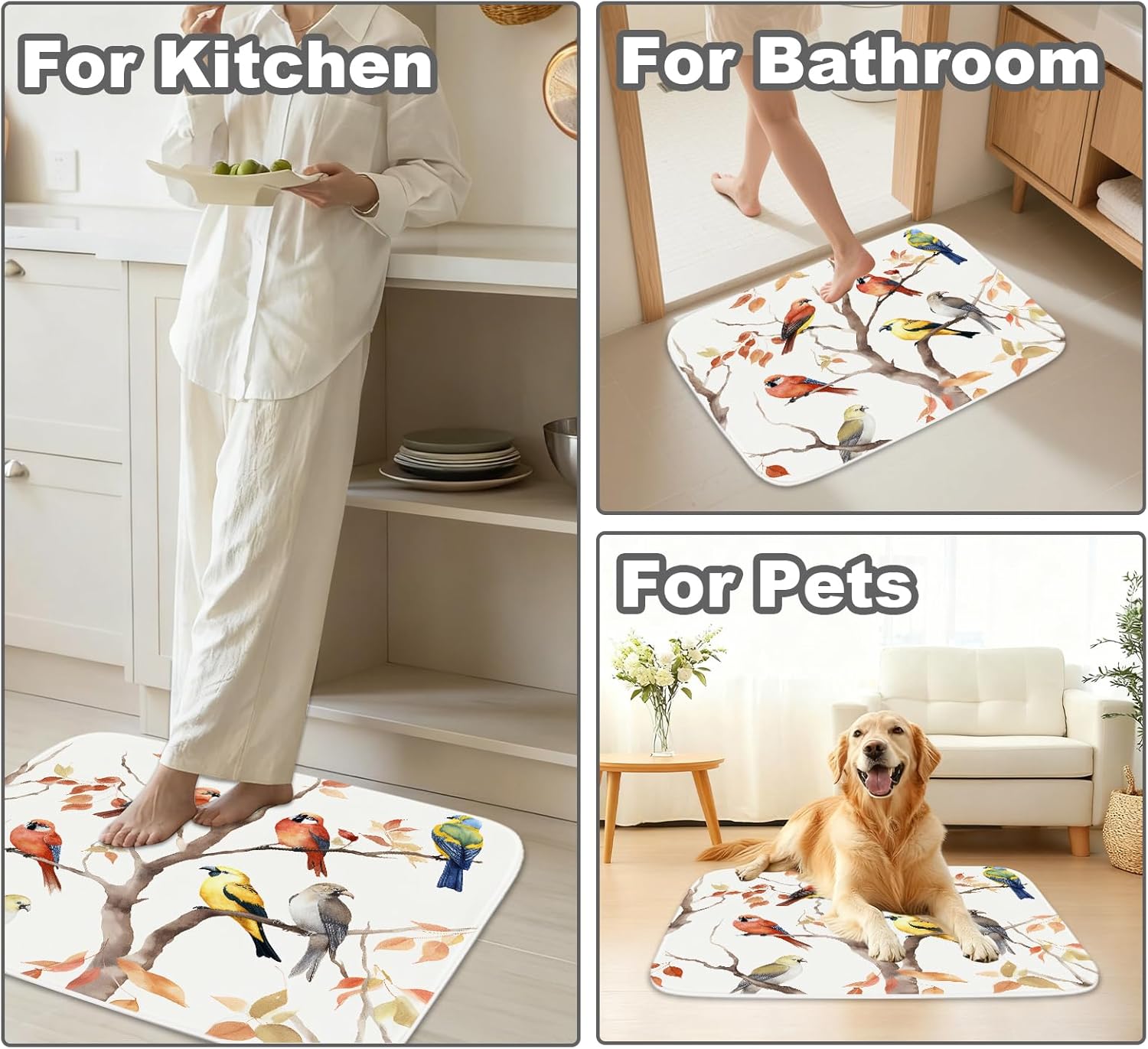 TheBlackSpot Bathroom Rugs Sets 3 Piece Farmhouse Spring Rustic Bathroom Mat Set Bird Aesthetic Forest Botanical, Memory Foam Bathroom Rugs, U-Shaped Toilet Rug Non Slip Absorbent White