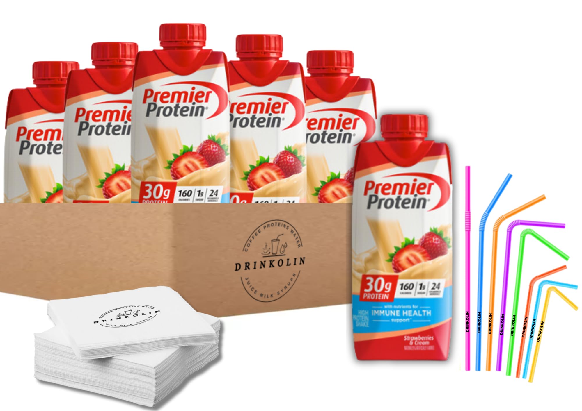 DRINKOLIN Premier Protein 30g High Protein Shake, Strawberry Flavor 1g Sugar, 24 Vitamins & Minerals, Nutrients to Support Immune Health 11 Fl Oz (Pack of 6).