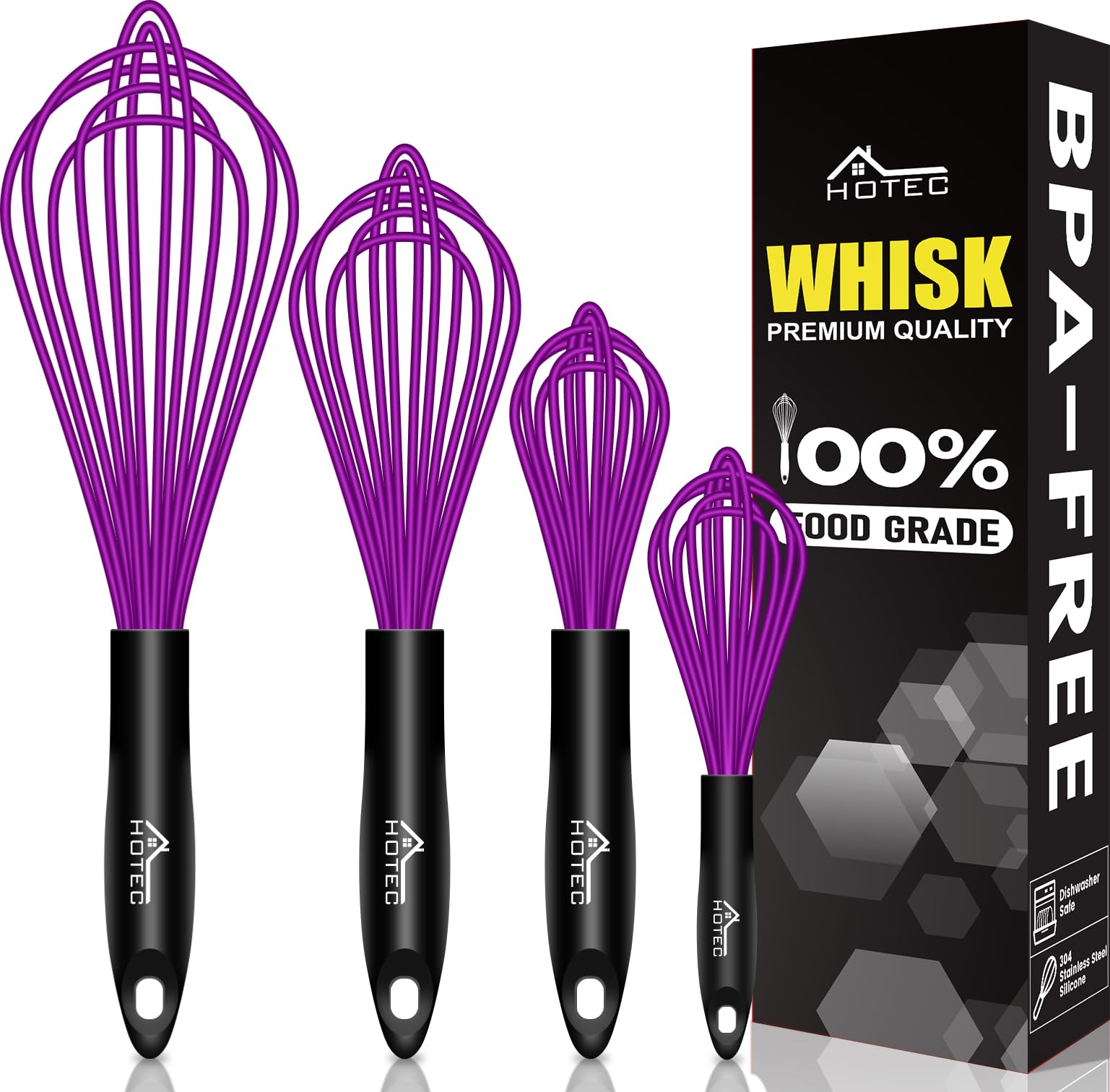 HOTEC 4 Pieces Silicone Whisks for Cooking, Wire Balloon Whisks Egg Beater, Non-slip Handle Whisk for Non-stick Cookware Perfect for Cooking, Stirring, Beating and Blending (Purple)