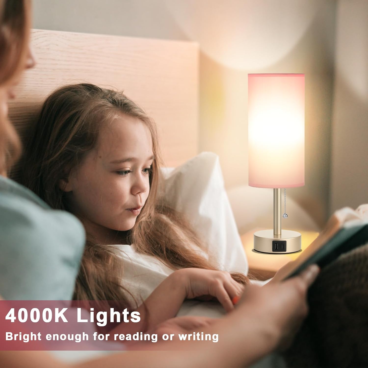 Small Table Lamp for Bedrooms - Bedside Lamps for Nightstands, Minimalist Night Stand Light with round fabric shade, Desk Reading Lamps for Children's room, Living room, Offices,Dorm (Pink and Gold)